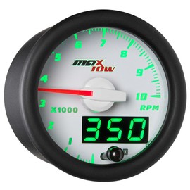 MaxTow Double Vision 10,000 RPM Tachometer Gauge - for 1-10 Cylinder Gas Powered Engines - White Gauge Face - Green LED Illuminated Dial - Analog & Digital Readouts - 2-1/16" 52mm