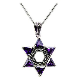 Jewish Star of David Sterling Silver Purple Cubic Zirconia, Marcasite Pendant Necklace