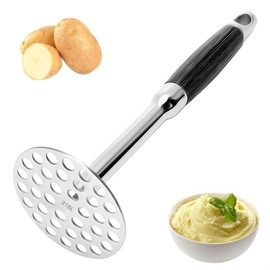 Potato Masher 316 Stainless Steel Masher Potato with Wooden Handle, 0.8 cm Holes for Potatoes Meat Beans Vegetables Potato Masher Stainless Steel Easy to Clean