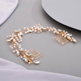 Lenjicons Wedding Rhinestone Hair Comb Luxury Pearl Rhinestone Headband Hair Comb Elegant Bridal Hair Accessory Handmade Pearls Crystal Wedding Headpiece for Women (gold)