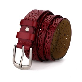 sourcing map Hollow Floral Retro Vintage Faux Leather Belt With Buckle for Women Red 24"-46" waist