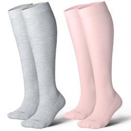 LEVSOX Extra Thick Wide Calf Compression Socks for Women&Men Plus Size 20-30 mmHg Knee High Graduated Support Sock for Nurses, Pregnant Women, Travel and Flight, Cotton, 2 Pairs, Grey, Pink