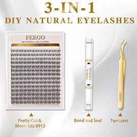 FEEGO Natural Wispy Cluster Lashes 9-12mm Natural Individual Eyelashes DIY Cluster Eyelash Extensions Makeup with Bond Seal Tweezers for Beginner