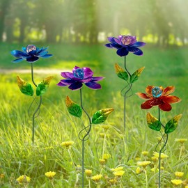 Viveta 4 Pack Flower Decorative Garden Stakes, Metal Flowers Outdoor Decor Metal Flower Sticks for Patio, Lawn, Yard Decorations