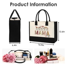 VeloKomo Mama Canvas Tote Bag - 2Pcs Appreciation Canvas Gift for Mother Birthday Christimas Thanks Holiday MAMA Flower Bag Gifts with Makeup Bag Cosmetic Set Present