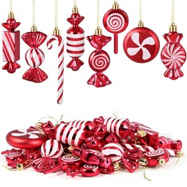 Leyndo 24 Pcs Christmas Candy Hanging Ornament Candy Cane Christmas Tree Decoration Peppermint Lollipop Christmas Decor Glitter Christmas Ornament for Home Christmas Party Favor (Red)