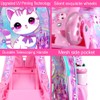 4PCS Rolling Backpack for Girls, Cat Roller School Bookbag with