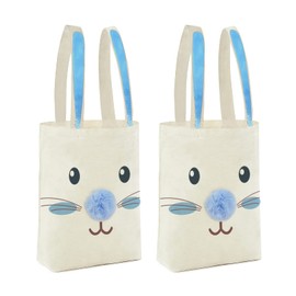 ATFUNSHOP 2 Pcs Easter Canvas Tote Bag for Kids Reusable Large Easter Bunny Bags Baskets for Easter Egg Hunt Baby Shower Birthday Party Supplies (Blue)