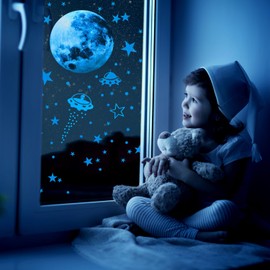 Luminous Stars Wall Stickers, Rockets and Planets Glow in the Dark, Luminous Stars Wall Stickers, Ceiling Stars Wall Stickers (Blue)