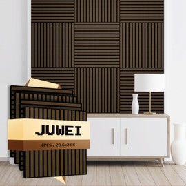 JUWEI DIRECT Wood Slat Acoustic Panels (4 Pack/23.6"x23.6"/Covers 15.5 Sq. Ft.) – 3D Textured Wall Panels for Noise Reduction & Modern Decor, Soundproof Panels for Living Room & Bedroom(5# Smoked Oak)