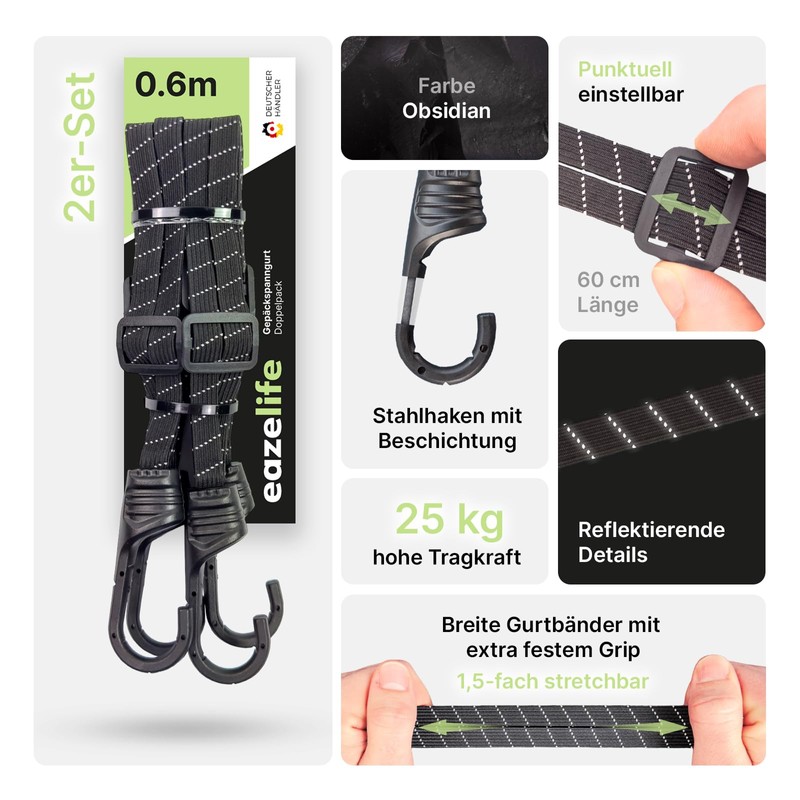 Set of 2 Luggage Lashing Straps, 60 cm, Adjustable, Reflective,