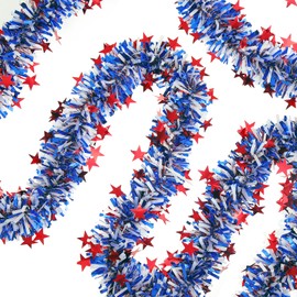 Gloreyan 33FT 4th of July Patriotic Tinsel Garland Red White Blue Metallic Twist Foil Tinsel Garland with Star Shiny Hanging Decorations for Independence Day Memorial Day Celebration Party Decoration