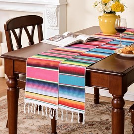Camino de Mesa de Serape Mexicano, 14 x 110 Pulgadas, para Decoración de Fiesta Mexicana, Boda, Decoraciones para el día de San Valentín ,Camino de Mesa Mexicano de Algodón Tela a Mano con Flecos