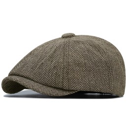 CLAPE Unisex Gatsby Newsboy Cap, Tweed Shelby Hat, Herringbone Beret, Flat Hat, Men's 8-Piece Beret Cap, BL02-Khaki