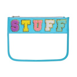 BCRMPT Chenille Letter Bag Clear Flat Pouch,Multi-purpose PVC&Nylon Clear Cosmetic Bags,Travel Makeup Bag With Zipper For Women,Clear Pouches for Travel,Gym,Beach (Blue-Stuff)