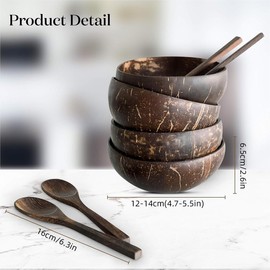 AIMALL Natural Coconut Shell Bowl Set, Handmade Dessert and Salad Bowls, Rice Serving Containers, 4.7-5.5 Inch