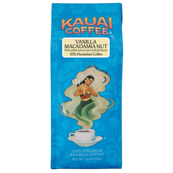 Kauai Hawaiian Ground Coffee, Vanilla Macadamia Nut Flavor (10 oz Bag) - 100% Premium Gourmet Arabica Coffee from Hawaii's Largest Coffee Grower - Bold, Rich Blend