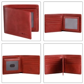 VISOUL Men's Leather Wallet with ID Window, RFID Protection, Genuine Leather Wallet for Men, red, Leather