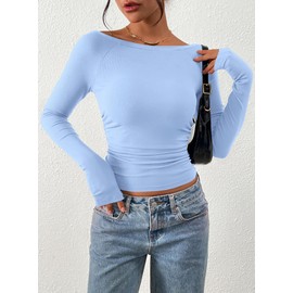 PRETTYGARDEN Long Sleeve Shirts for Women 2025 Fall Ruched Sides Boat Neck Basic Tee Casual Fitted Ribbed Knit Crop Tops (Light Blue,Medium)