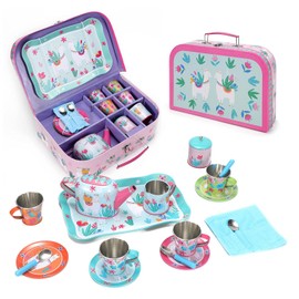 SOKA Llama Metal Tin Teapot Set with Carry Case Toy for Kids - 18 Pcs Illustrated Colourful Design Toy Tea Party Set for Boys and Girls Pretend Role Play