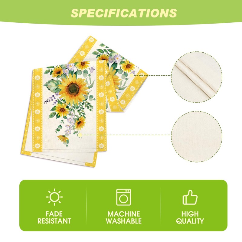 Sunflower Leaves Flowers 210 GSM Summer Table Runner, Seasonal Kitchen