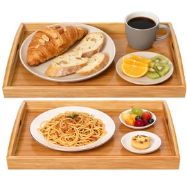 2 Pack Bamboo Serving Tray with Handles, Portable Bed Tray for Breakfast Dinner, Eating Trays for Living Room,Restaurants