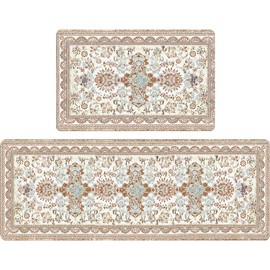 Anti Fatigue Mats for Kitchen Floor Boho Kitchen Rugs Sets of 2 17.3" x 47"+17.3" x 29" Non Slip Waterproof Kitchen Floor Mats Memory Foam Kitchen Rug Vintage Cushioned for Kitchen Sink Laundry Tan