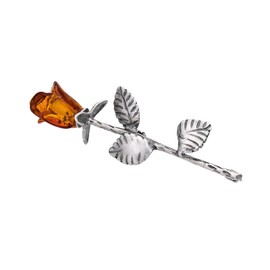 Women's Brooch, 925 Silver Oxidised, Amber Roslein Hand Carved, Small Silver Brooch with Amber Rose in Cognac Colour, 3 g, Sterling Silver, Amber