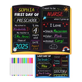 First Day of School Sign with Erasable 12 Chalk Markers - 10.5'' x 13'' Double-Sided First & Last Day Chalkboard Signs, Easy to Clean, for Kids Preschool Kindergarten, Back to School Essential