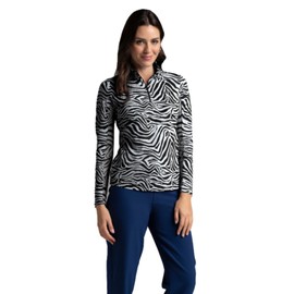 IBKUL Athleisure Wear Sun Protective UPF 50+ Icefil Cooling Tech Cecilia Print Long Sleeve Mock Neck Top – 10932 Navy/Peri Cecilia L