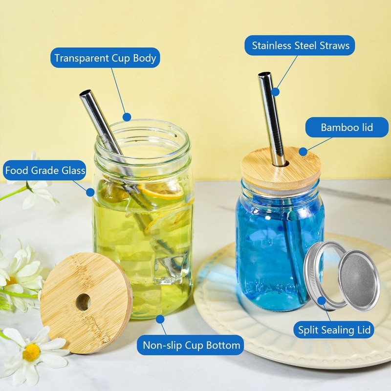 Icesip 32oz Glass Mason Cup with Bamboo Lids, 2Pack Wide
