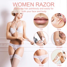 RenFox Electric Razor for Women - Painless 2-in-1 Shaver for Women Hair Remover for Face, Legs and Underarm Wet & Dry, Portable Bikini Trimmer, Lady Hair Removal with 2 Trimmer Heads- Micro USB Recharge