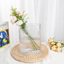 Ribbed Glass Vases for Flowers Clear Flower Vases for Centerpieces Rectangular Glass Vase 9.8" Decorative Large Table Vase for Living Room, Dining Table, Entryway, Mantle, Shelf, Wedding