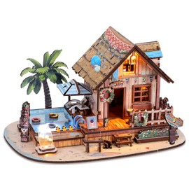 3D Wooden Puzzles for Adult,187pcs Hawaiian Vacation Beach House Kit,DIY Wooden Model Kits with LED Light for Adults-Toy Gifts for Ages 14 and up