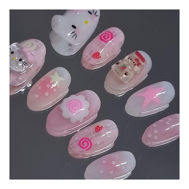 Strawberry Cozy Cat's Homemade Nail Tips - Long Ballerina /