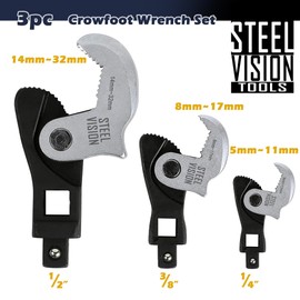 3 Piece Spring-Loaded Auto-Adjusting Crowfoot Wrench Set (5–32 mm / 3/16–1 1/4 in), – Fits 1/4″, 3/8″, 1/2″ Drives, Adjustable Wrench, Universal, Self-Adjusting, Coverage Male & Female Square