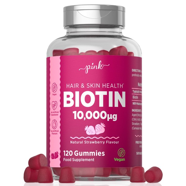 Biotin Gummies 10000ug | 120 Count | Natural Strawberry Flavour | for Hair Growth and Skin Health | 100% Vegan | No Artificial Flavours or Sweeteners | by Pink
