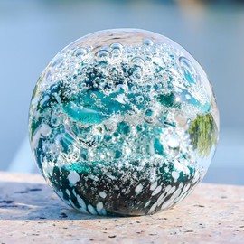 FZBHRO Decorative Crystal Ball Figurines Ocean Waves Paperweight Blown Glass Decor Sea Art Ocean Lovers Gift Green White 3.15"