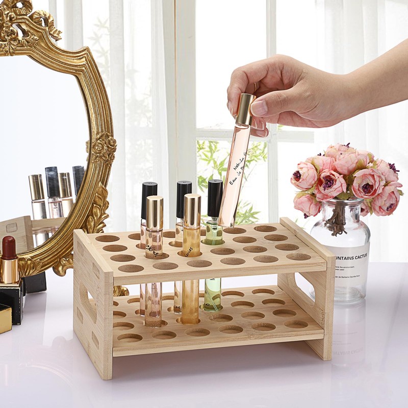 ELLDOO Rollerball Perfume Organizer, 24 Spaces Bamboo Perfume Storage Holder