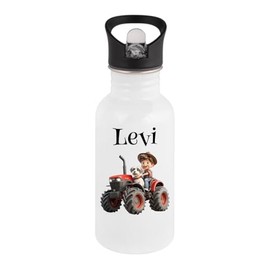 Personalisierte Trinkflasche Kinder Edelstahl [ 400ml ] - Robuste Trinkflasche mit Namen und Feuerwehr, Polizei oder Traktor - Wasserflasche mit Trinkhalm (Traktor)