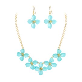 Clearine Blume Kragen Halskette glänzende Florale Sommer Strand Aussage Halsketten Haken Ohrringe Set für Damen Kostüm Prom Schmuck hell blau Gold Tone