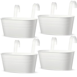 Hicarer 4 Pcs Metal Hanging Flower Pot Outdoor Plants Iron Hanging Bucket Planter Outside Fence Planter Boxes Holder Bulk with Detachable Hook for Wall Garden Balcony Window Indoor (White)