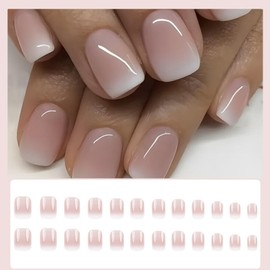 Viugex 24Pcs Nude Pink Gradient Press on Nails Short Square, French Tips False Nails in 12 Sizes, Full Cover Acrylic Stick on Nails, Reusable Fake Nail Set, Removable Glue on Nail for Women and Girls