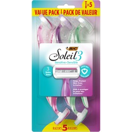 BIC Soleil Sensitive Women's Disposable Razors, 3 Blades With Moisture Strip For a Silky Smooth Shave, 5 Piece Razor Set