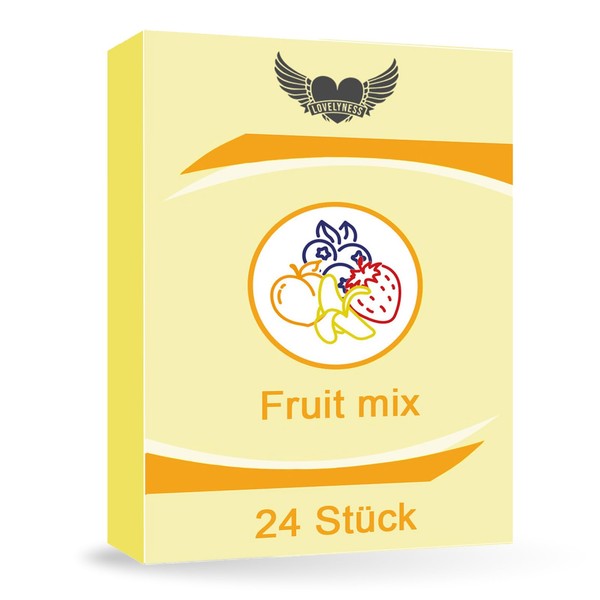 Condoms with Flavour Mix Strawberry, Banana, Blueberry, Peach 52 mm - Pack of 24 Real Feel Extra Thin Extra Moist Sex Lubricating Film Lovelyness
