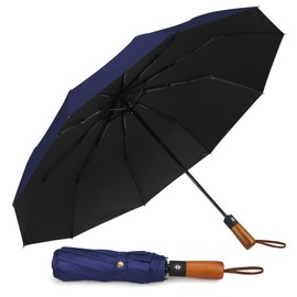 Hannstar Compact Umbrella Windproof Strong with wood handle - Automatic umbrella for Men and Women - 10 Ribs Fiberglass and Large umbrella for Rain & UV Sun Protect