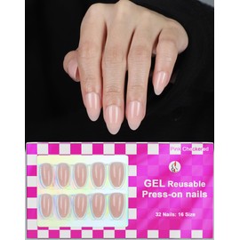 OIFEN 32pcs Short Press On Nails Almond 16 Sizes Glossy Fake Nails with Glue (Nude Pink)