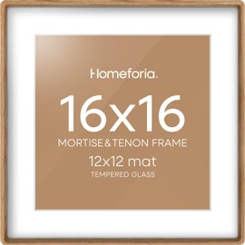 Homeforia 16x16 Mortise & Tenon Oak Picture Frame, High End 16x16 Frames for Wall, Photo Frames 16 x 16 Oak with Mat 12x12, Tempered Glass, Wall Kit, Set of 1