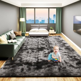Large 9x12 Rugs for Living Room, Luxury Fluffy Shag Fuzzy Plush Soft Modern Area Rugs, Big Thick Soft Nursery Rug, Anti-Skid Fluffy Indoor Carpet for Kids Room Home Decor, Tie-Dyed Dark Grey