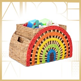 Dorothy Rainbow Wicker Basket Set of 2, Colorful and Decorative Storage Bins, Handwoven Water Hyacinth, Built-in Side Handles, Large Size 17" Wide x 10" Deep x 11" Tall, Natural with Rainbow Colors